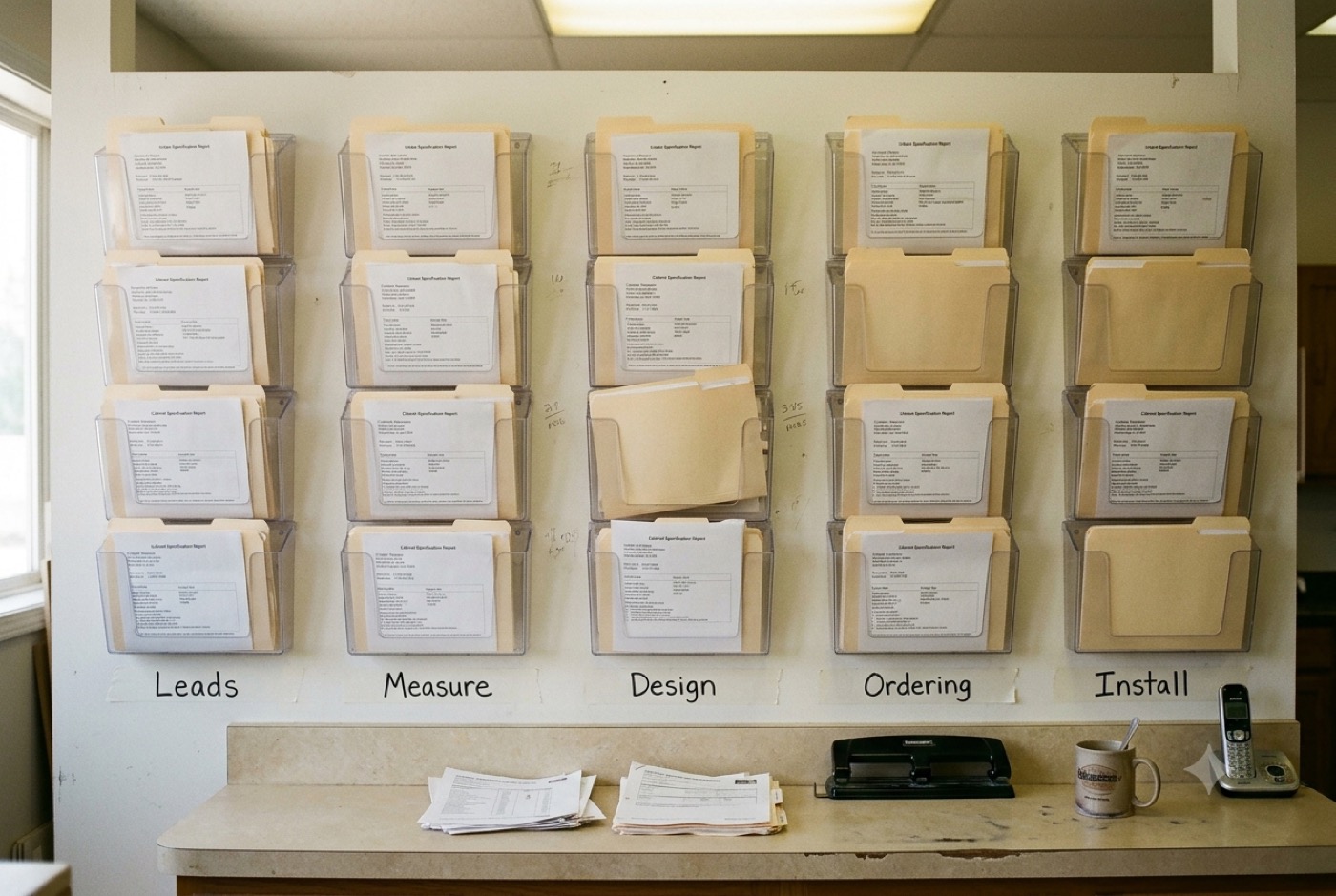 A wall of clear folder boxes holding job paperwork, labelled Leads, Measure, Design, Ordering and Install